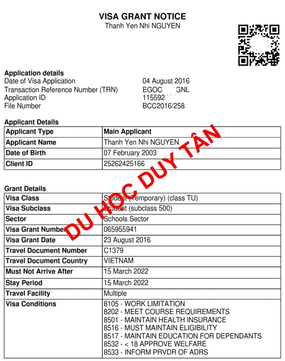 Du học Úc - Chúc mừng Nguyễn Thanh Yến Nhi đã có visa du học Trung học Úc!